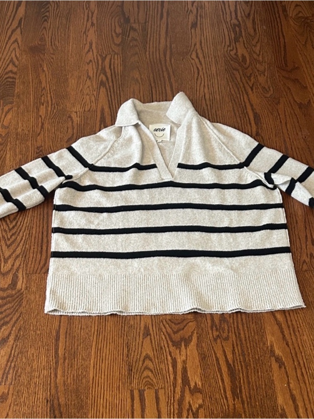 Aerie Cream and Black Striped Collared Sweater XXS